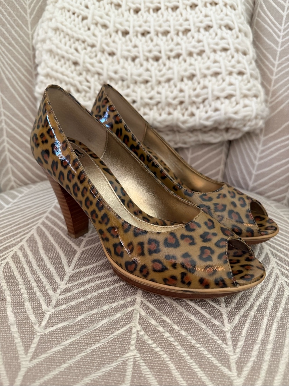 Sofft Leopard Print Peep-Toe Heels in Tan and Brown